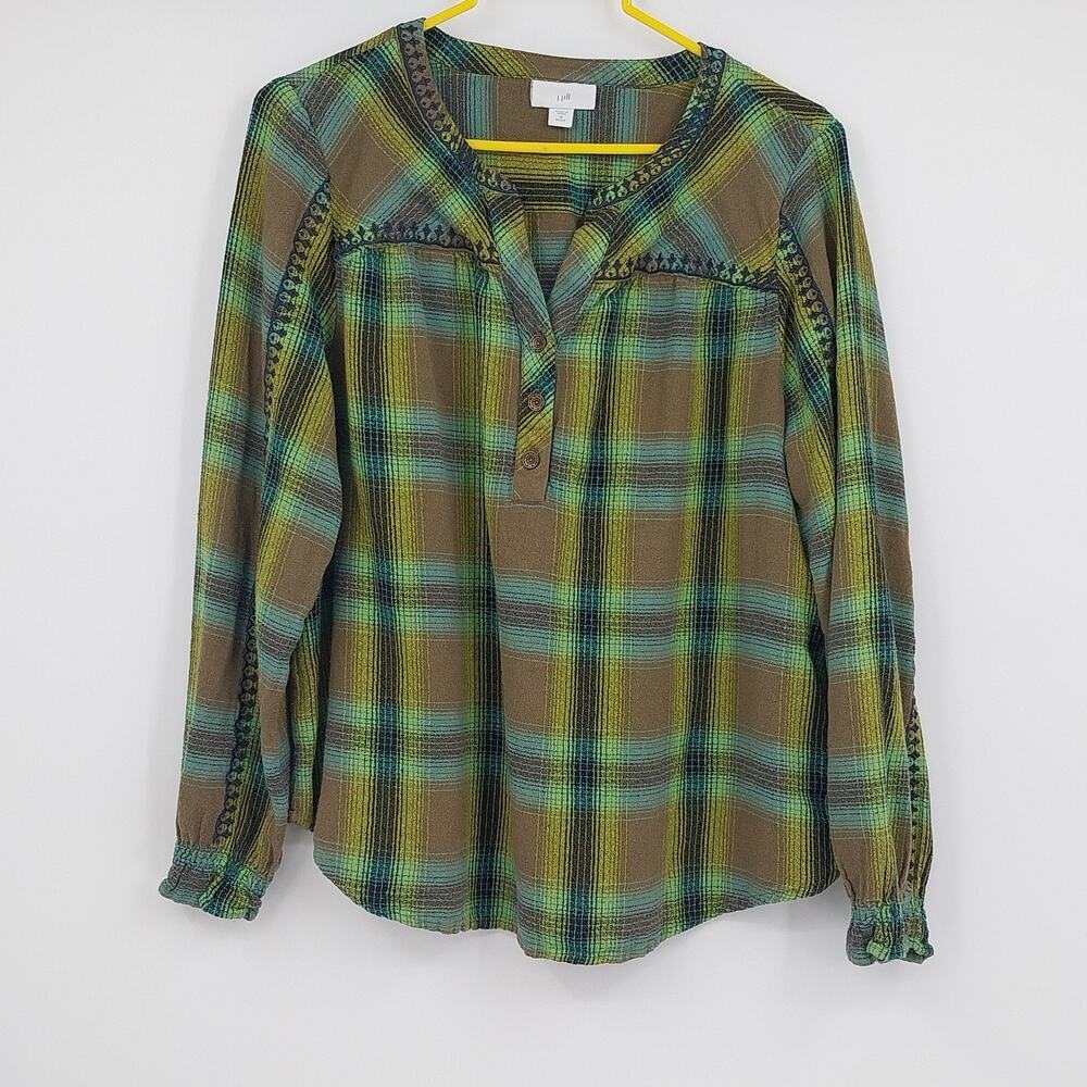 J.Jill Plaid Embroidered Popover Shirt Green Women's Medium Petite Long Sleeve